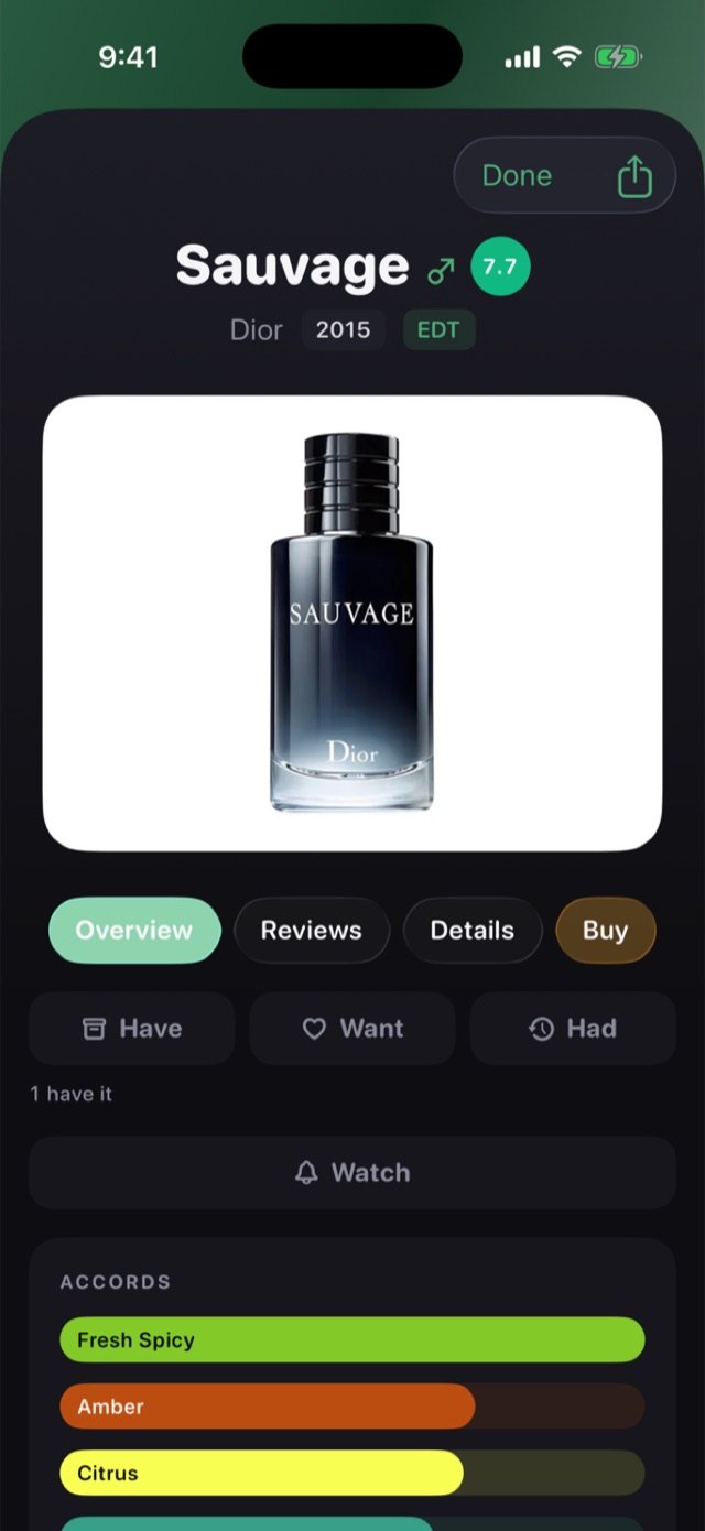 The Dior Sauvage page: the bottle, a 7.7 community rating, Have/Want/Had buttons, Watch, and its accords — fresh spicy, amber, citrus.