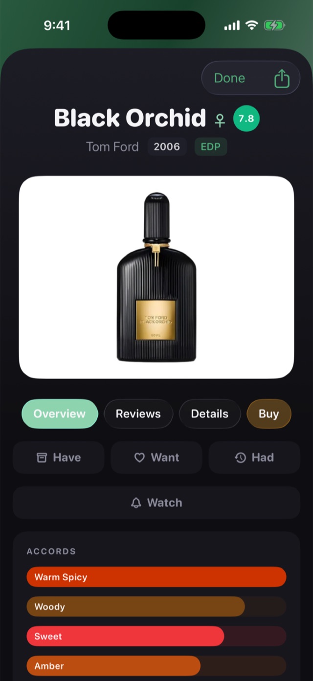 The Tom Ford Black Orchid page: the bottle, a 7.8 rating, shelf buttons and its accords — warm spicy, woody, sweet, amber.