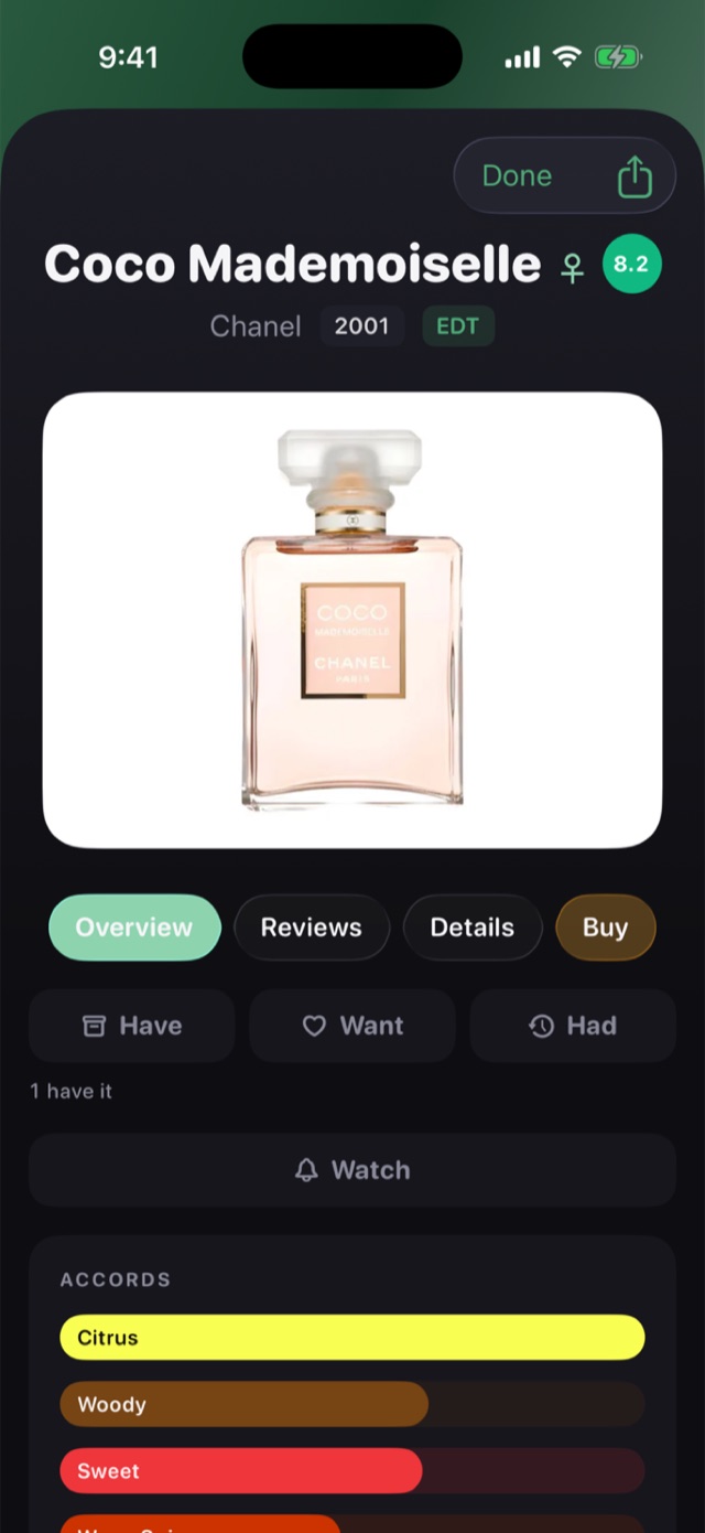 Frags on an iPhone: the Coco Mademoiselle page — the bottle, its rating, Have/Want/Had shelf buttons, a Watch button and the accords bar chart, with Overview, Reviews, Details and Buy tabs.