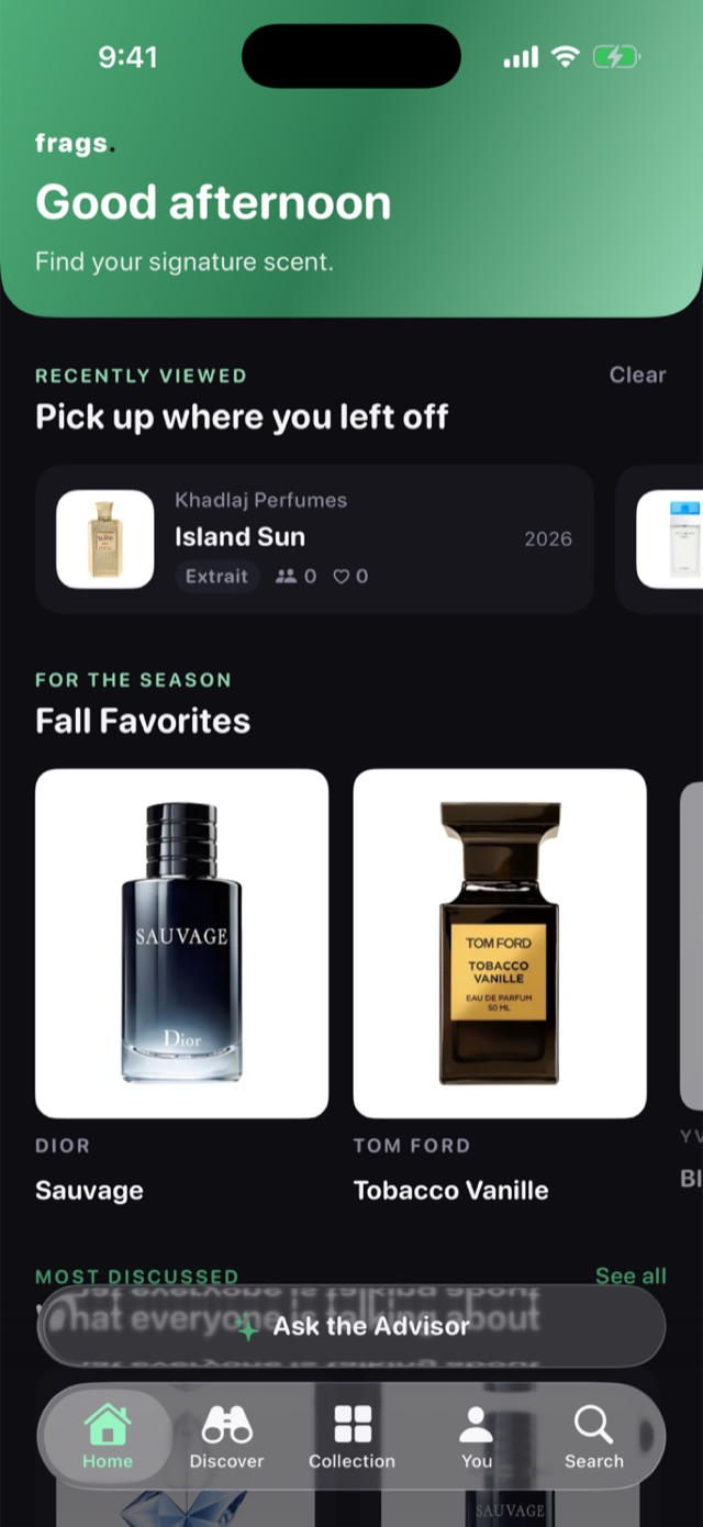 The Home tab: a greeting card, the perfumes you looked at recently, and a Fall Favorites row with Dior Sauvage and Tom Ford Tobacco Vanille.